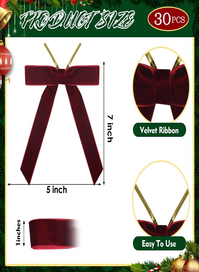 BeapTcely 30 Pcs Christmas Velvet Wreath Bow, 5 x 7 Inch Vintage Velvet Ribbon Bows Rustic Crafts Gift Bows for Indoor Outdoor Wreaths Garland Holiday Xmas Tree Wrapping Crafts (Burgundy Red, Width of 1") - Image 2